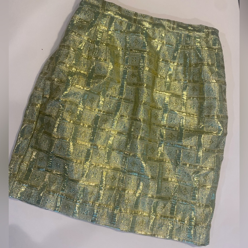 Vintage Metallic Gold Chartreuse Brocade Jacquard Skirt Plus Size